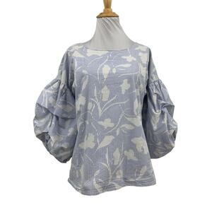 Halogen Blouse Womens MP Petite Medium Puff Sleeves Floral Stripe Stretch